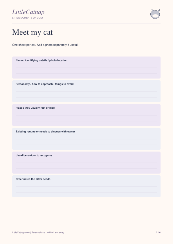 While I Am Away - LittleCatnap Printable Cat Sitter Notes