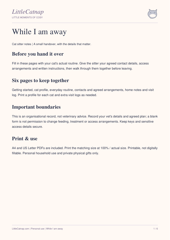 While I Am Away - LittleCatnap Printable Cat Sitter Notes