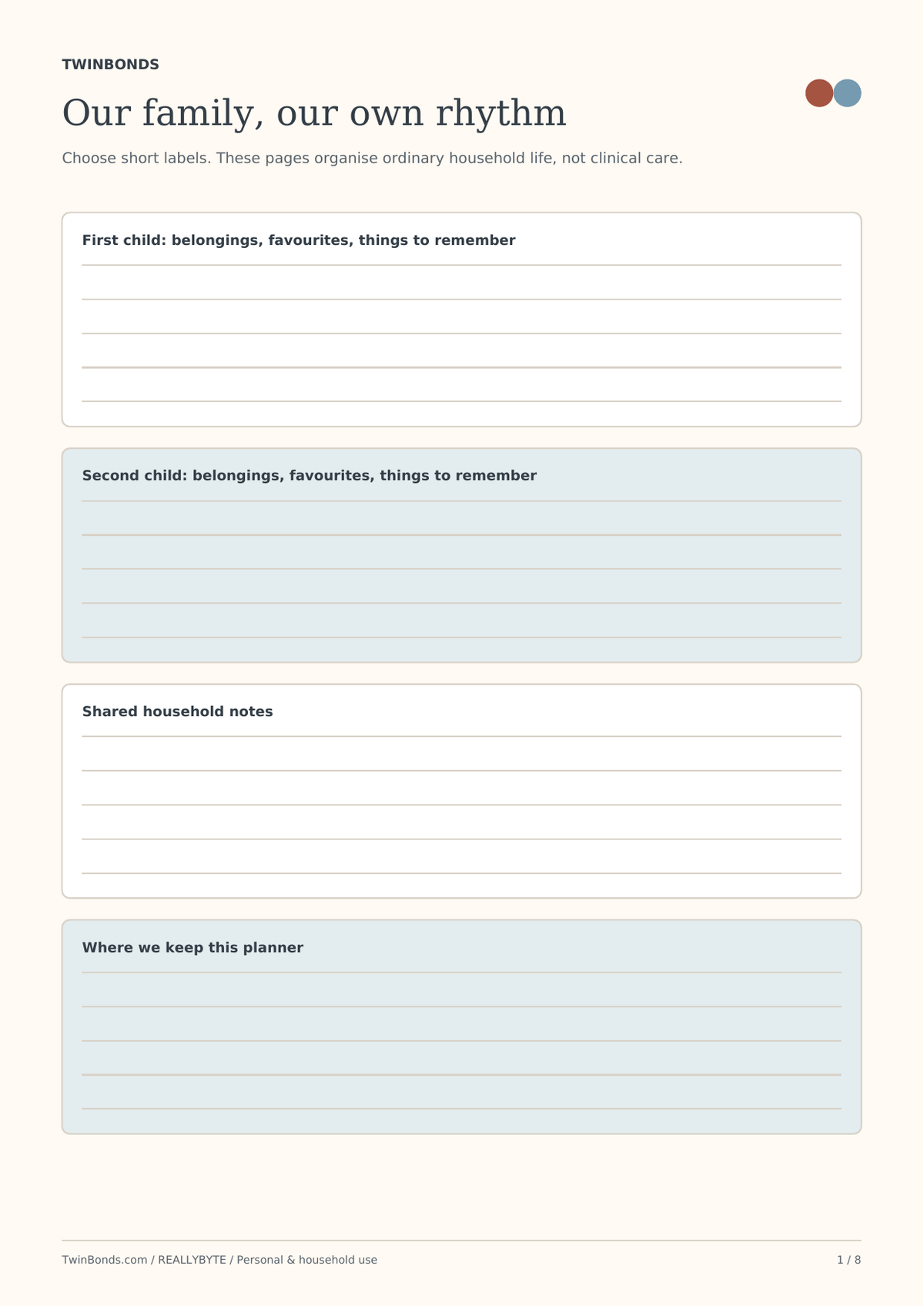 Two Little Lives - TwinBonds Printable Family Organiser
