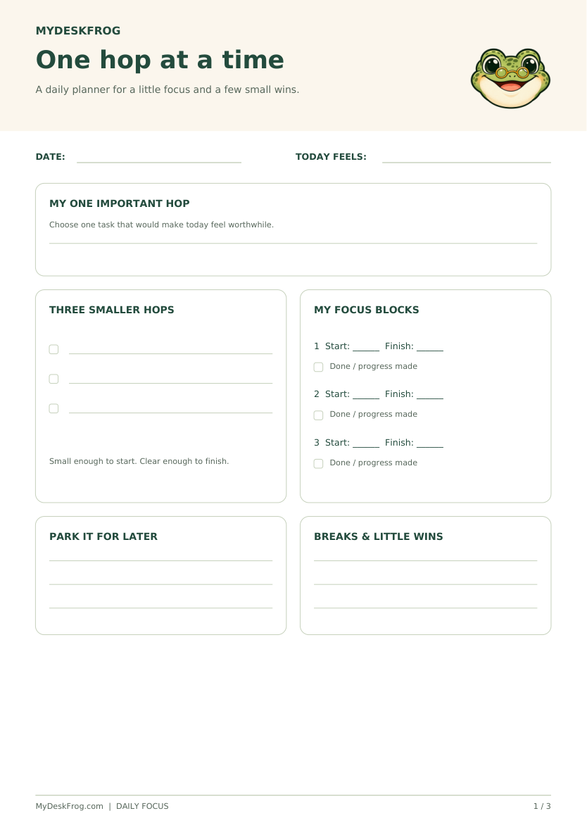 One Hop at a Time - MyDeskFrog Daily Focus Planner