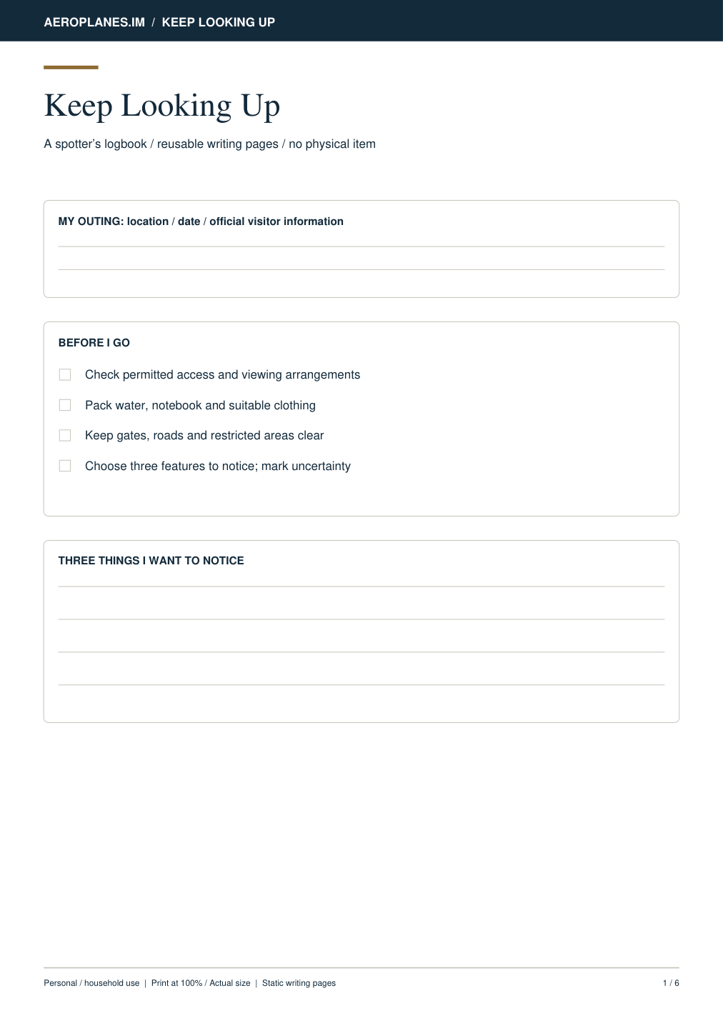 Keep Looking Up — Printable Plane-Spotter’s Logbook