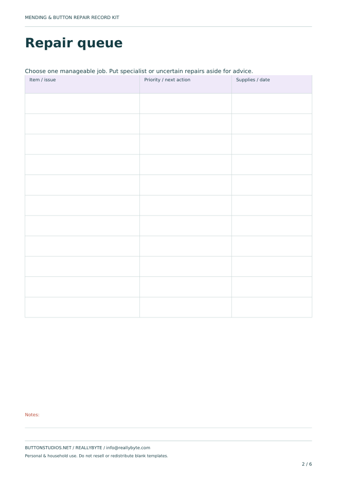Mending & Button Repair Record Kit - Printable A4 & US Letter