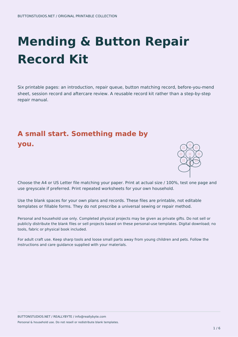 Mending & Button Repair Record Kit - Printable A4 & US Letter