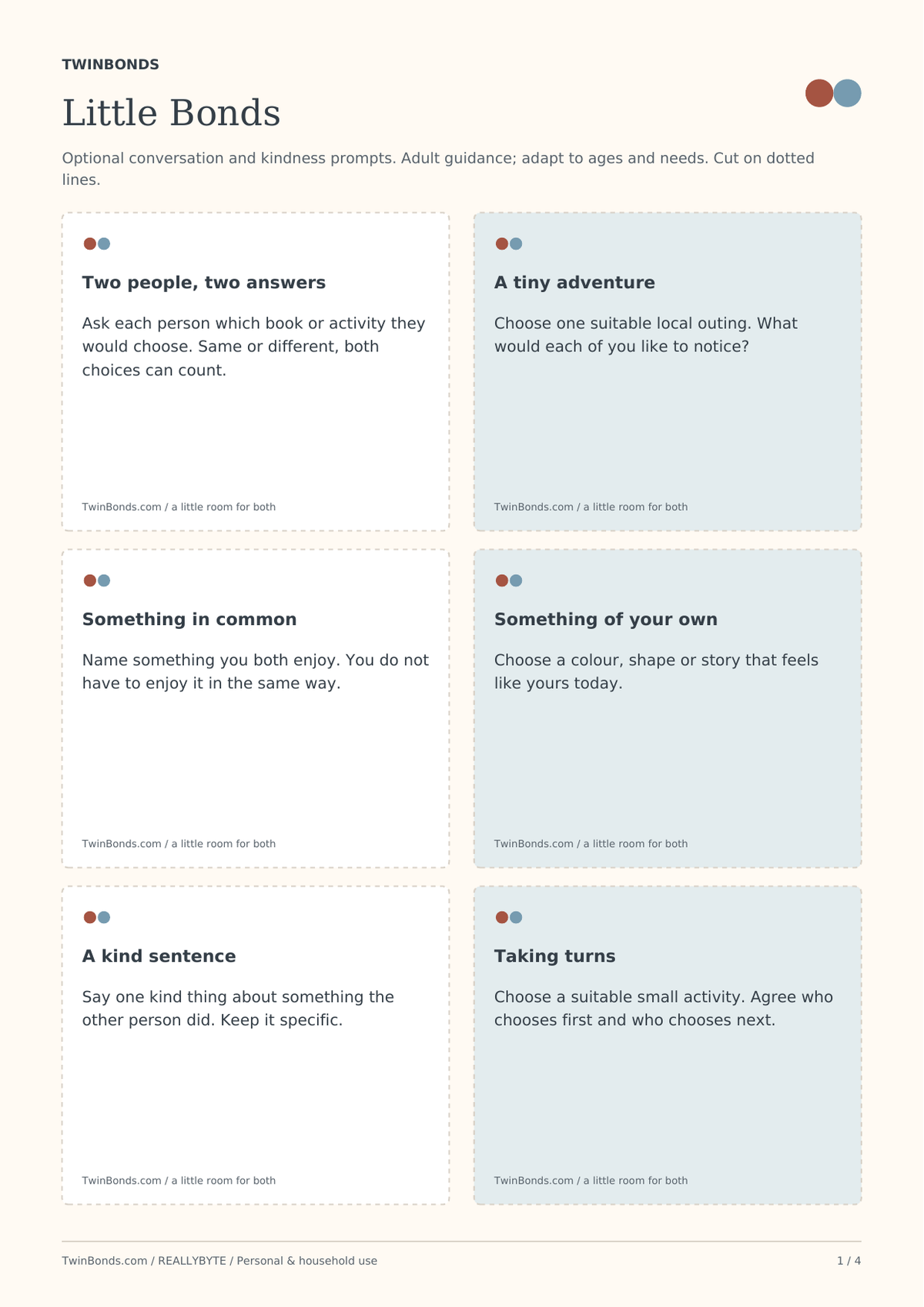 Little Bonds - 18 Printable TwinBonds Conversation & Kindness Cards