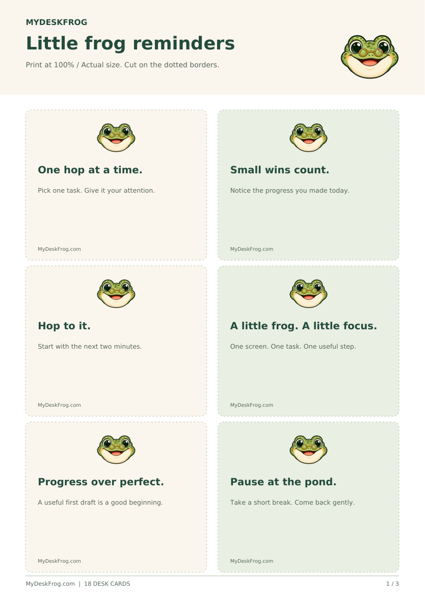 Little Frog Reminders - 18 Printable MyDeskFrog Desk Cards