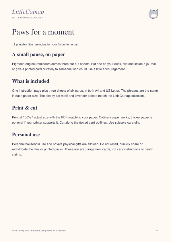 Paws for a Moment - 18 LittleCatnap Printable Reminder Cards