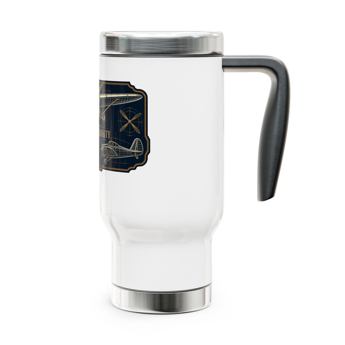 Travel Mug — 'Powered by Coffee & Curiosity' Pilot Aviation Stainless Steel 14oz