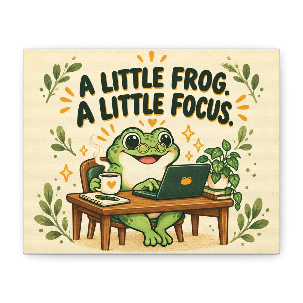 Motivational Frog Canvas: "A Little Frog, A Little Focus" Stretched Matte Wall Art