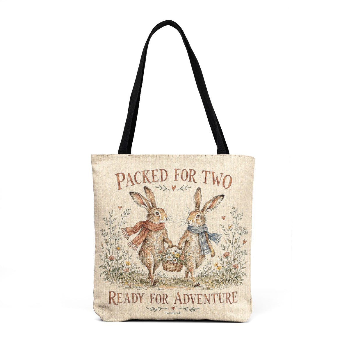 Woven Tote - "Packed for Two" Vintage Cross-Stitch Bunny Picnic Tote Bag