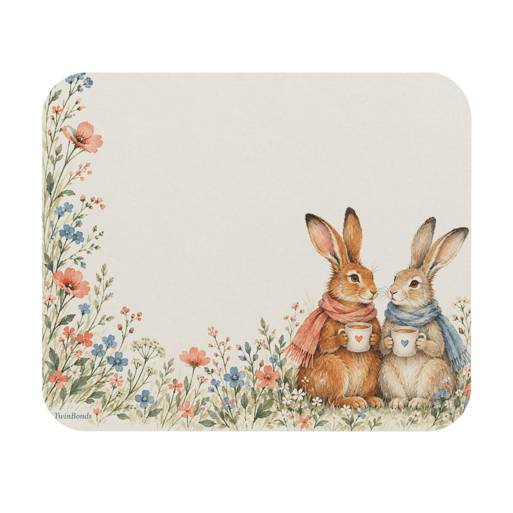 Whimsical Bunny Couple Floral Mouse Pad