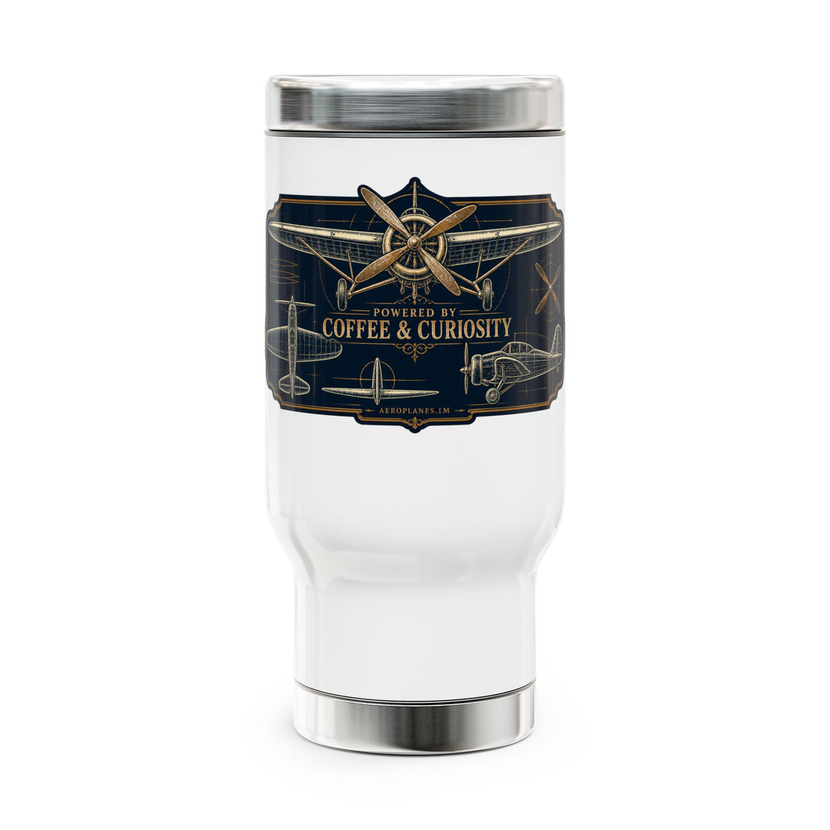Travel Mug — 'Powered by Coffee & Curiosity' Pilot Aviation Stainless Steel 14oz