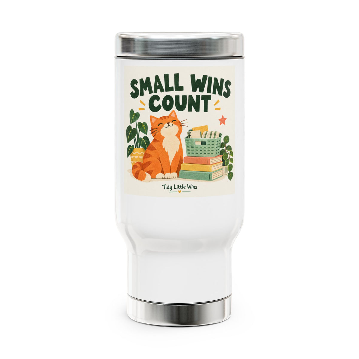 Small Wins Count Travel Mug — Cute Cat Motivational 14oz Stainless Steel Tumbler