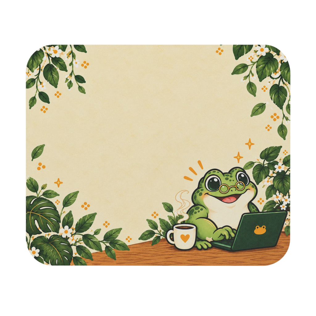Cute Frog Laptop Mouse Pad — Cozy Desk Mat with Greenery, Coffee & "Work From Home" Vibes