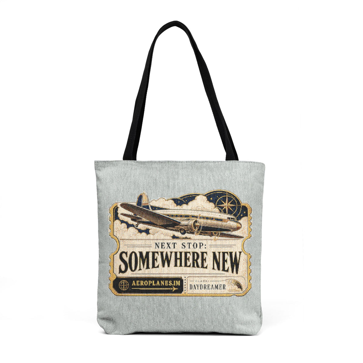 Vintage 1930s Airplane Ticket Woven Tote — Retro Travel Newspaper-Style Market Bag