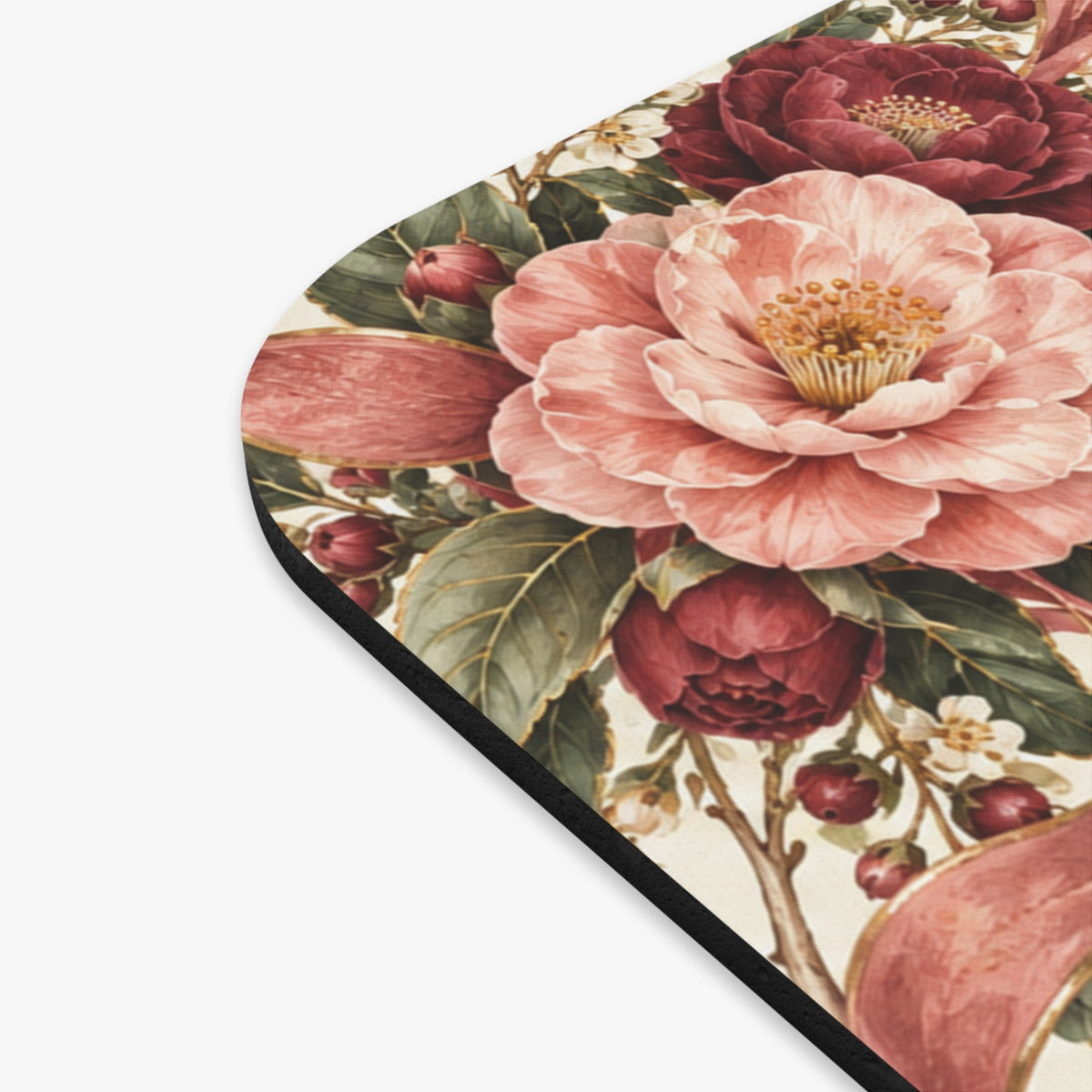 Floral Vintage Mouse Pad — Pink Peony Ribbon Desk Mat