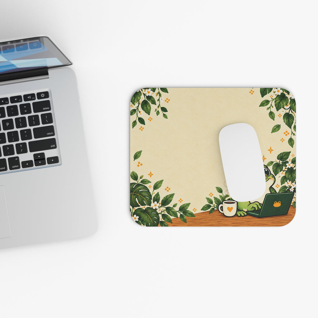 Cute Frog Laptop Mouse Pad — Cozy Desk Mat with Greenery, Coffee & "Work From Home" Vibes