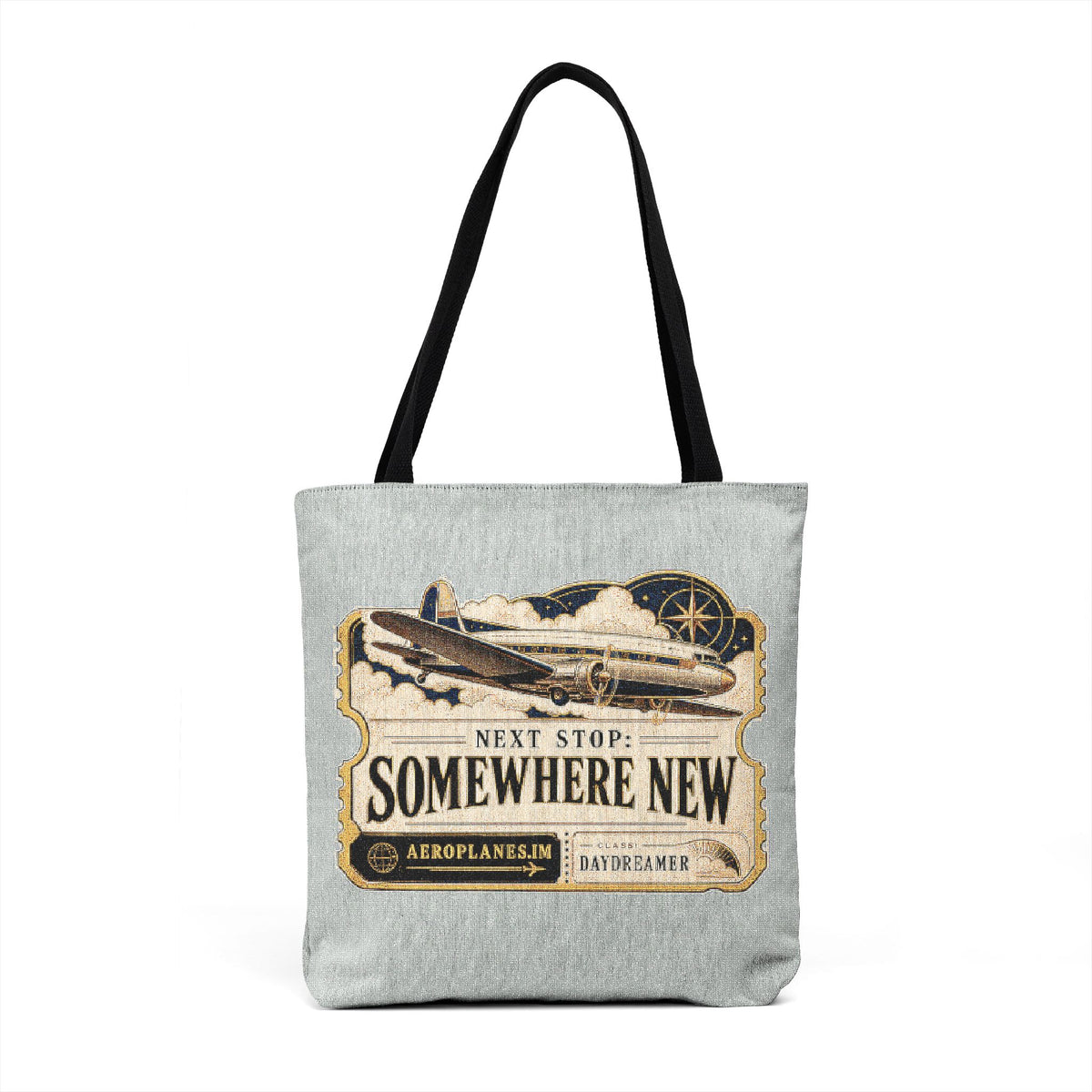 Vintage 1930s Airplane Ticket Woven Tote — Retro Travel Newspaper-Style Market Bag