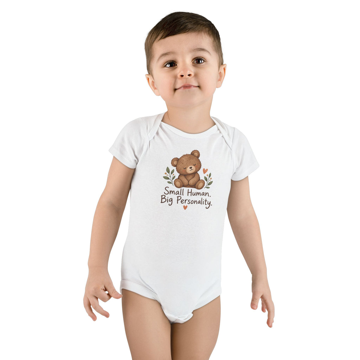 Organic Baby Onesie – 'Small Human. Big Personality.' Bear Bodysuit