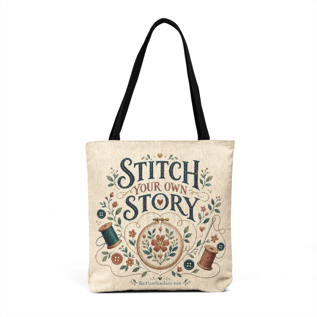 Stitch Story Woven Tote — Cross‑Stitch Embroidery Market Bag