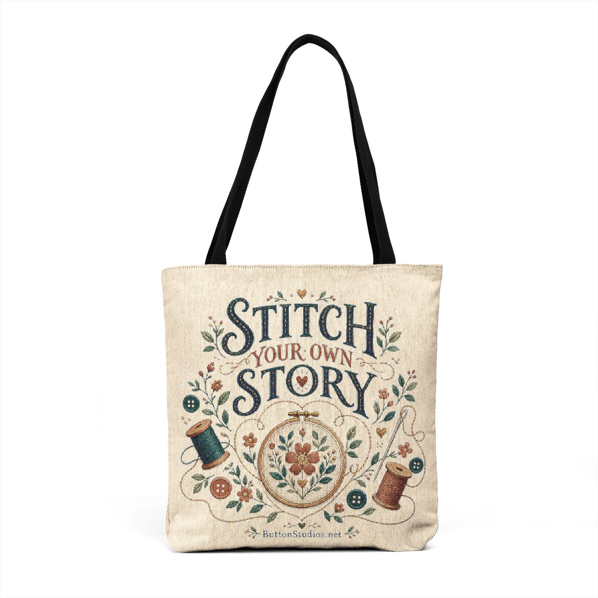 Stitch Story Woven Tote — Cross‑Stitch Embroidery Market Bag