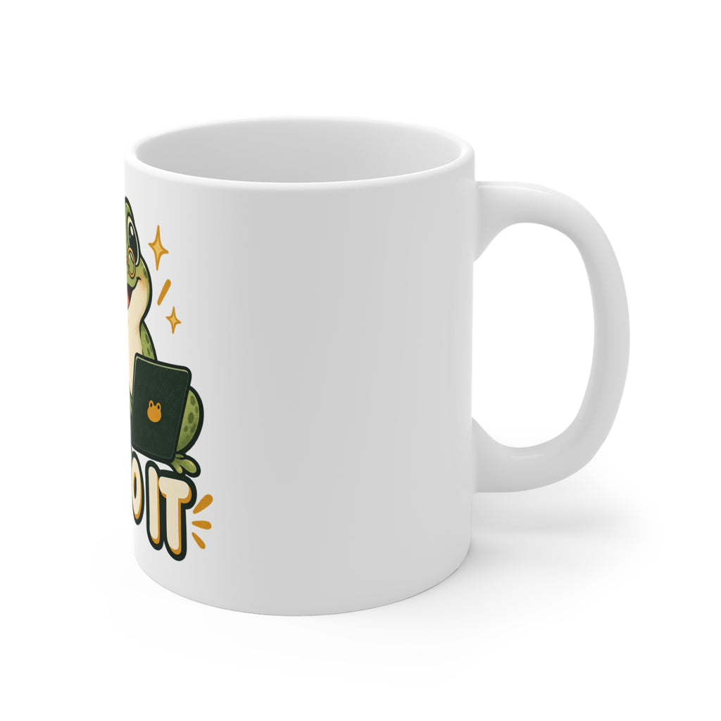 Hop To It Frog Coffee Mug - Cute 11oz Ceramic Tea Cup with Laptop & 'Hop To It' Design