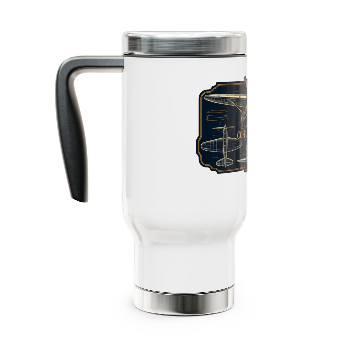 Travel Mug — 'Powered by Coffee & Curiosity' Pilot Aviation Stainless Steel 14oz