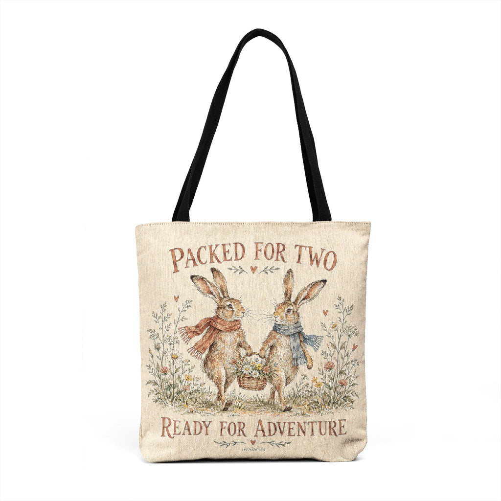 Woven Tote - "Packed for Two" Vintage Cross-Stitch Bunny Picnic Tote Bag