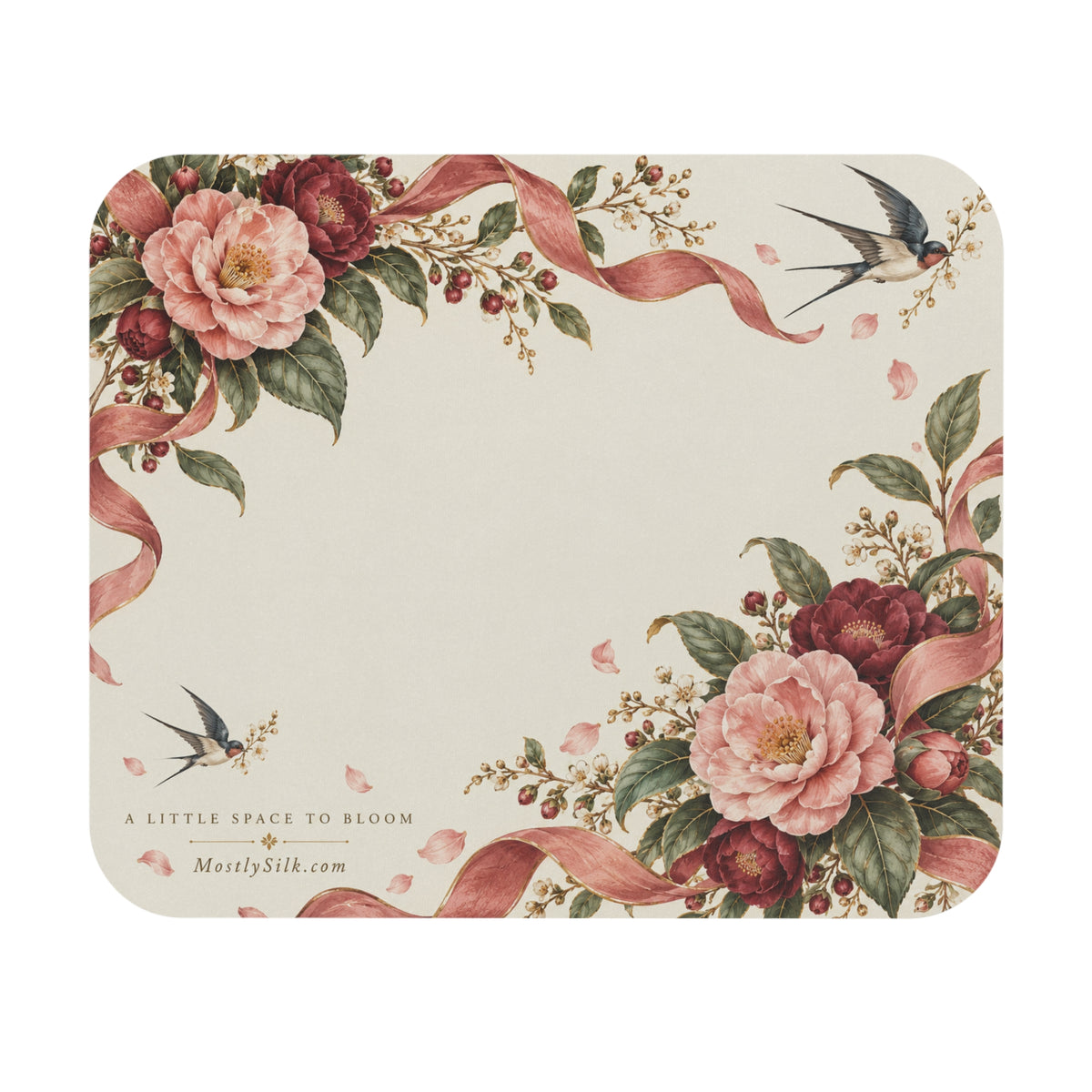 Floral Vintage Mouse Pad — Pink Peony Ribbon Desk Mat