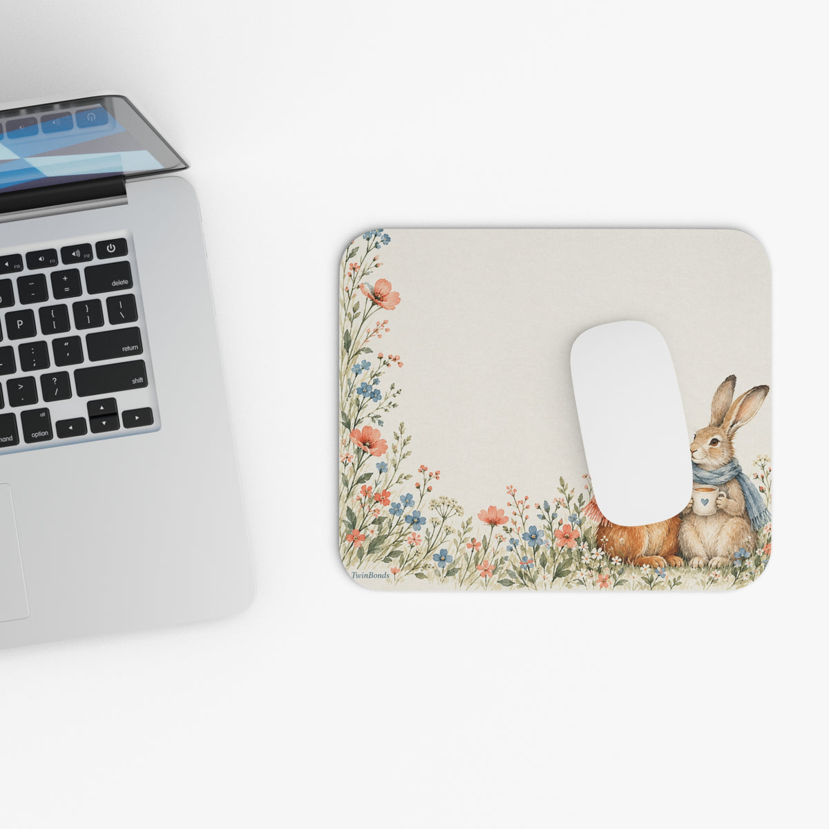 Whimsical Bunny Couple Floral Mouse Pad