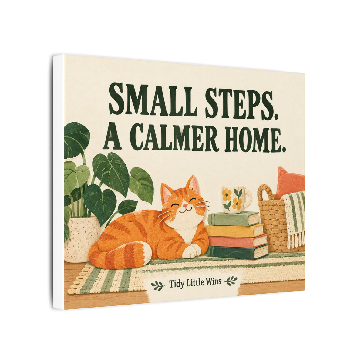 Small Steps, A Calmer Home Canvas Wall Art — Cozy Cat Cozy Home Quote