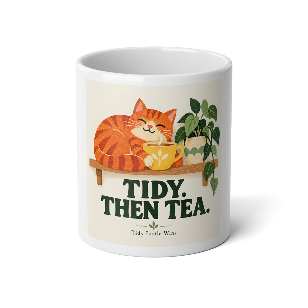 Tidy Then Tea 20oz Jumbo Mug — Cute Cat Illustration & Tea-Lover Gift