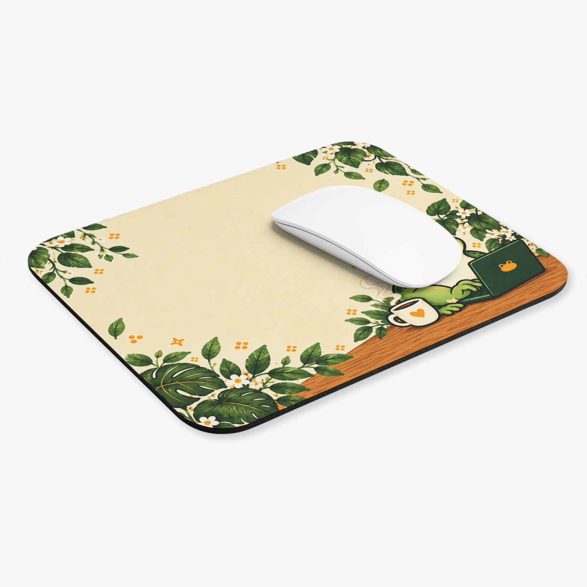 Cute Frog Laptop Mouse Pad — Cozy Desk Mat with Greenery, Coffee & "Work From Home" Vibes