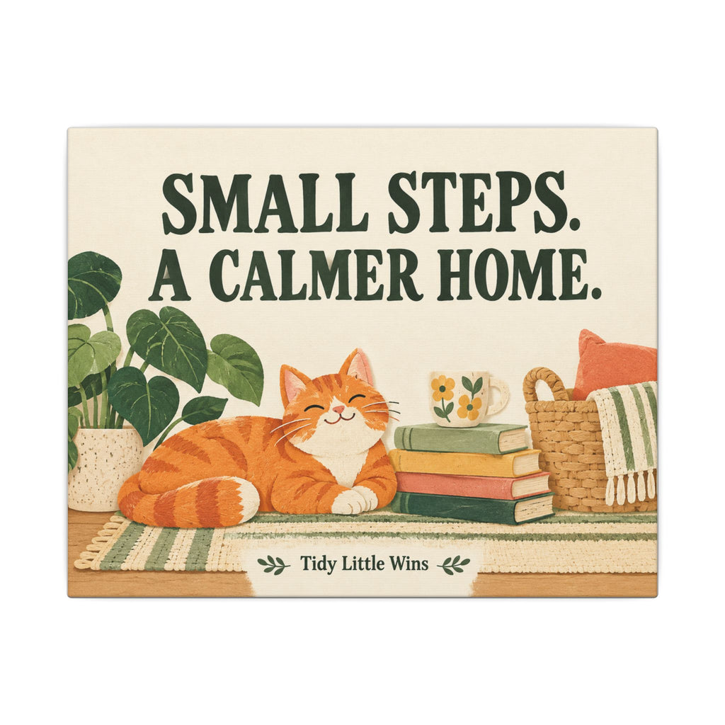 Small Steps, A Calmer Home Canvas Wall Art — Cozy Cat Cozy Home Quote