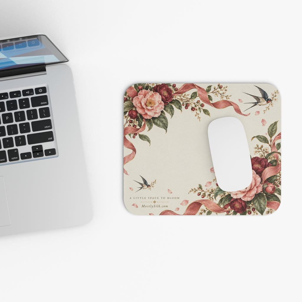 Floral Vintage Mouse Pad — Pink Peony Ribbon Desk Mat