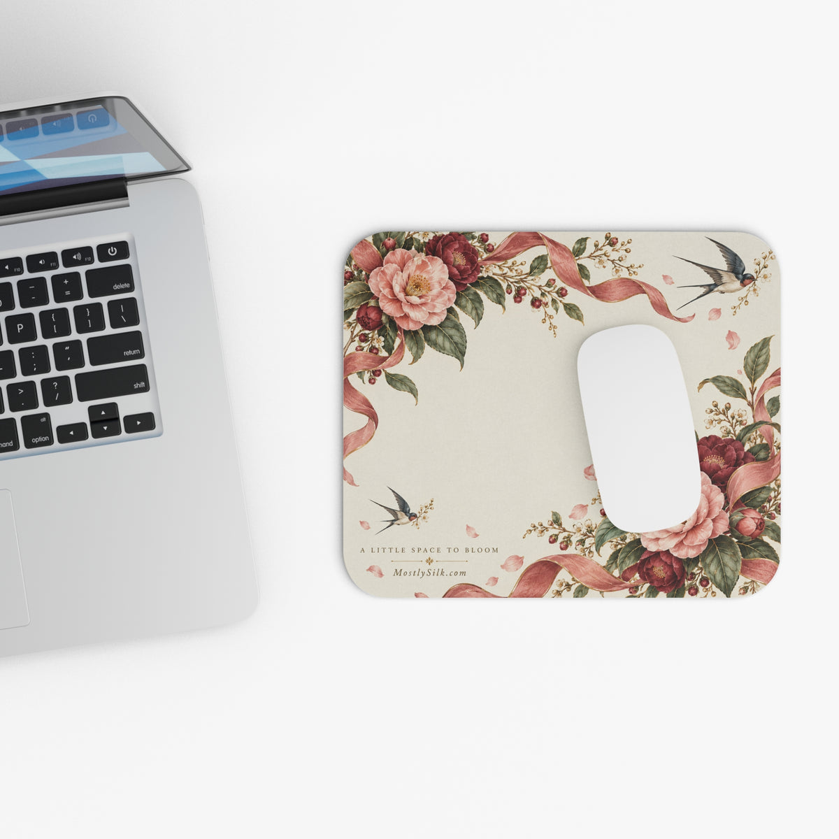 Floral Vintage Mouse Pad — Pink Peony Ribbon Desk Mat
