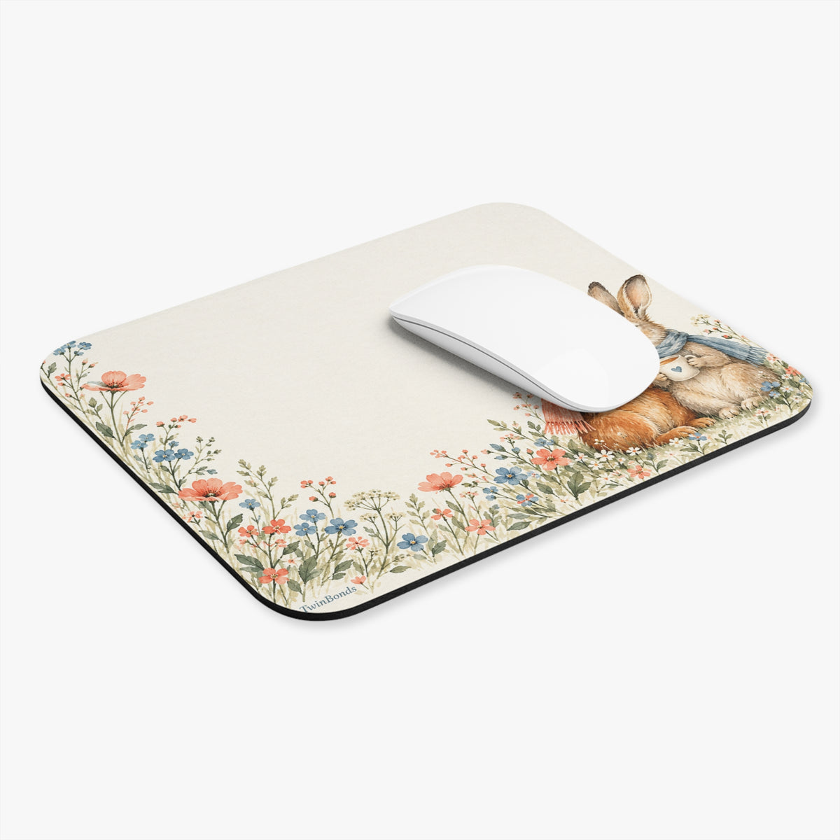 Whimsical Bunny Couple Floral Mouse Pad