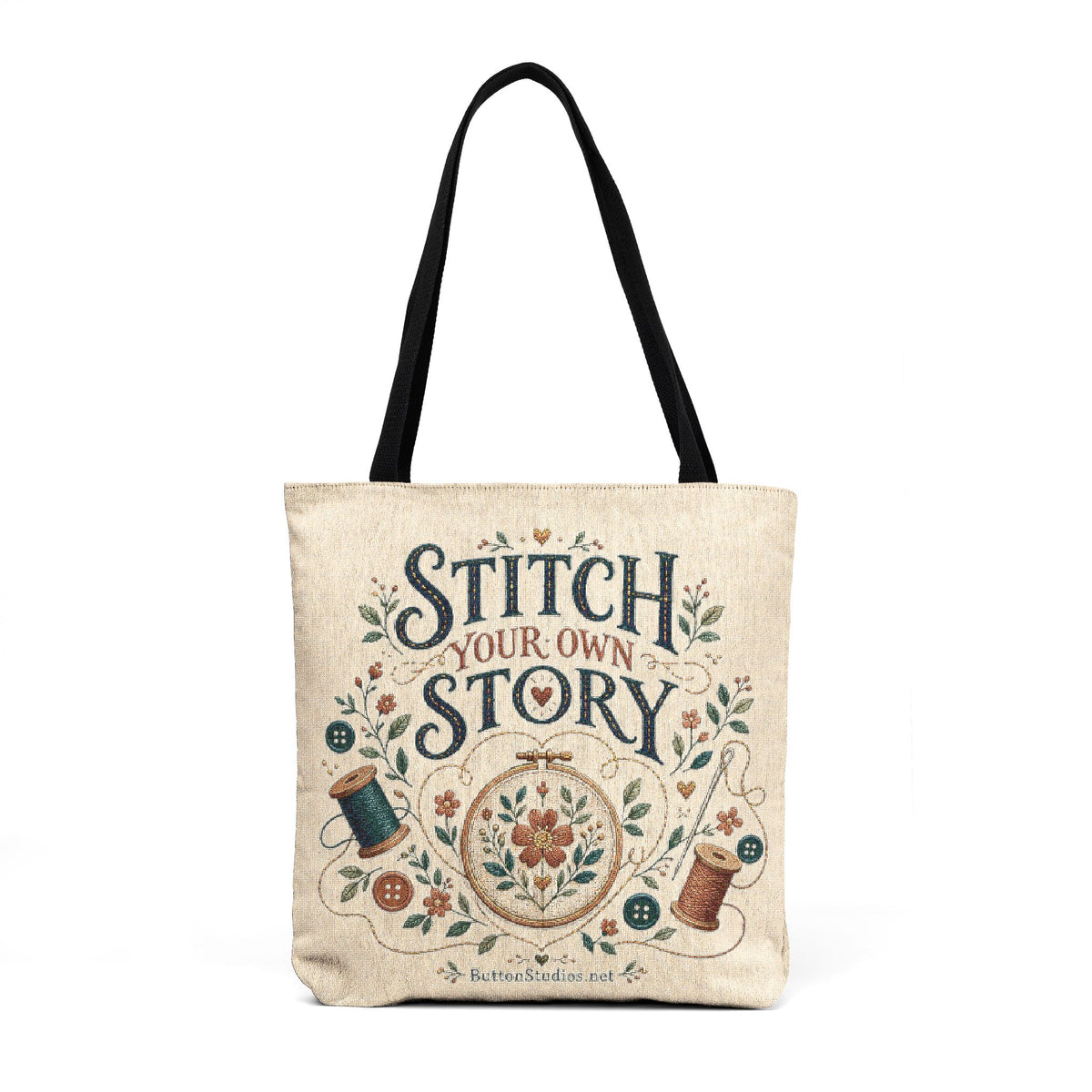 Stitch Story Woven Tote — Cross‑Stitch Embroidery Market Bag