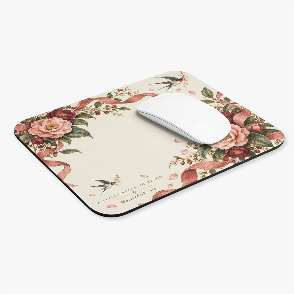 Floral Vintage Mouse Pad — Pink Peony Ribbon Desk Mat