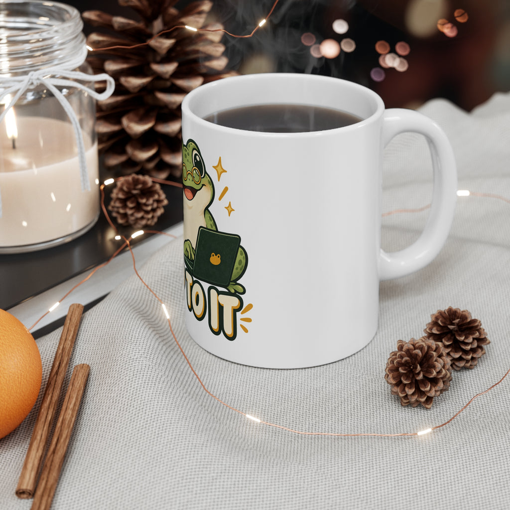 Hop To It Frog Coffee Mug - Cute 11oz Ceramic Tea Cup with Laptop & 'Hop To It' Design