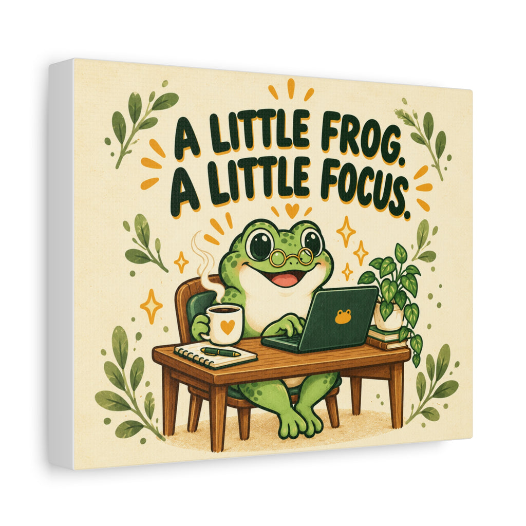 Motivational Frog Canvas: "A Little Frog, A Little Focus" Stretched Matte Wall Art